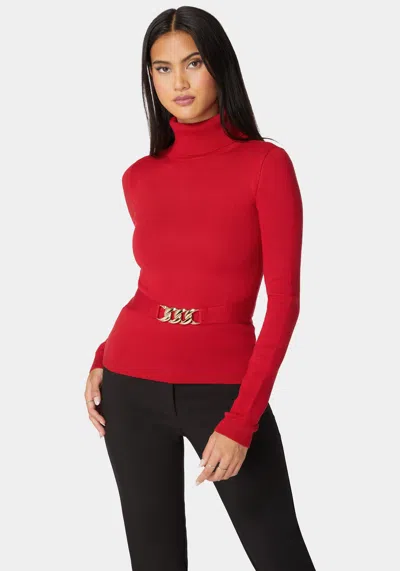 Bebe Fitted Turtle Neck Ornate Belt Sweater In Salsa