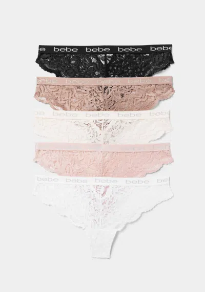 Bebe Five Pack Lace Tanga Set With Back Cut Out Detail In Black Bone