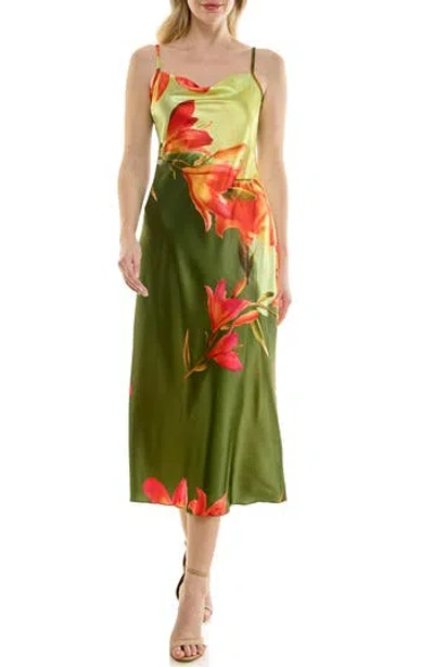 Bebe Floral Cowl Neck Satin Maxi Dress In Green