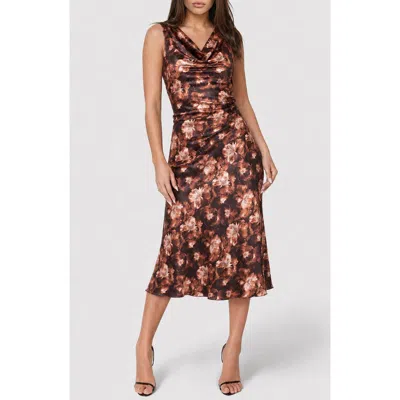 Bebe Floral Cowl Neck Sleeveless Satin Midi Dress In Multi