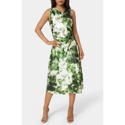 Bebe Floral Cowl Neck Sleeveless Satin Midi Dress In Olive/multi