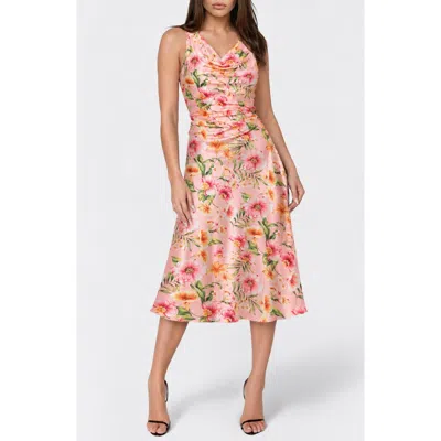 Bebe Floral Cowl Neck Sleeveless Satin Midi Dress In Pink