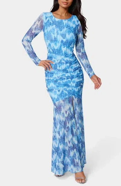 Bebe Floral Long Sleeve Mesh Mermaid Gown In Blue