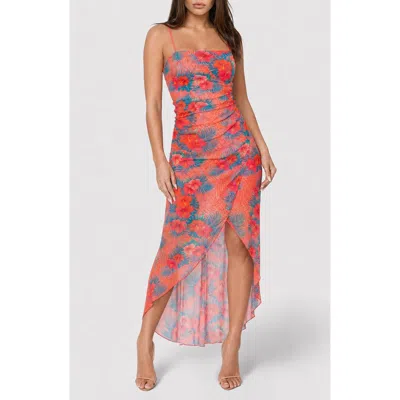 Bebe Floral Mesh High-low Maxi Dress In Blue Multi