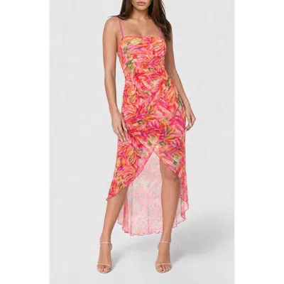 Bebe Floral Mesh High-low Maxi Dress In Orange