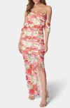 Bebe Off Shoulder Mesh Dress In Ivory Multi