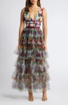 Bebe Tiered High Low Mesh Dress In Olive Multi