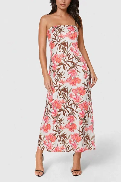 Bebe Floral Printed Satin Strapless Maxi Dress In Pink Floral, Women's At Urban Outfitters In Multi