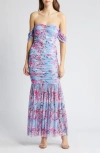 BEBE FLORAL RUCHED OFF THE SHOULDER MESH GOWN