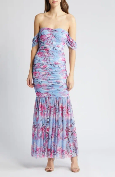 Bebe Off Shoulder Ruched Mesh Gown In Watercolor Floral