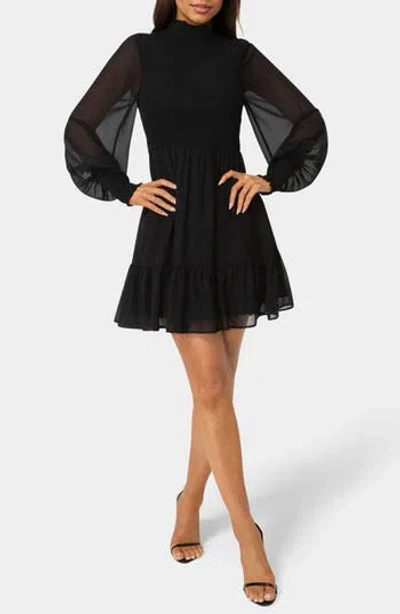 Bebe Floral Smocked Long Sleeve Chiffon Minidress In Black