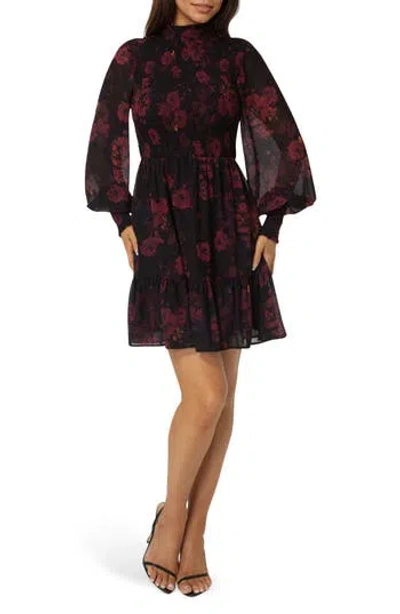 Bebe Floral Smocked Long Sleeve Chiffon Minidress In Multi