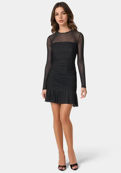Bebe Flounce Mesh Longsleeve Mini Dress In Black