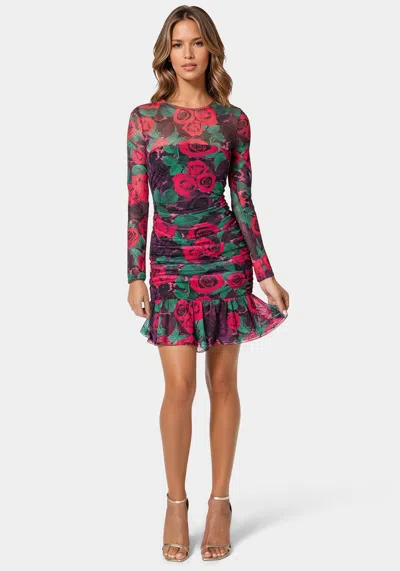 Bebe Flounce Mesh Longsleeve Mini Dress In Holiday Rose