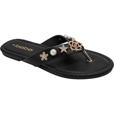 Bebe Flower Charm Thong Sandal In Black