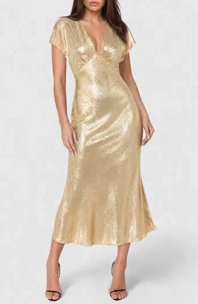 Bebe Foil Charmeuse Maxi Dress In Gold