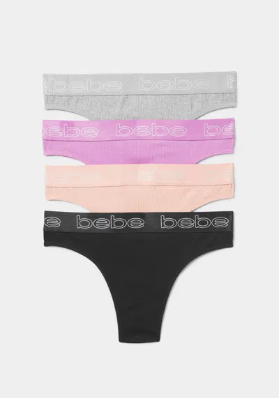 Bebe Four Pack Ribbed Seamless Microfiber Tanga Set In Heather Grey