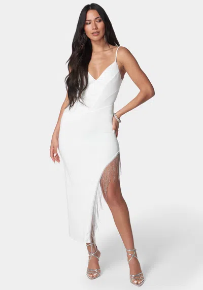 Bebe Fringe Detail High Slit Dress In Cloud Dancer