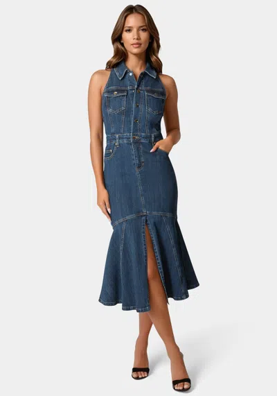 Bebe Halter Midi Denim Dress In True Blue Wash