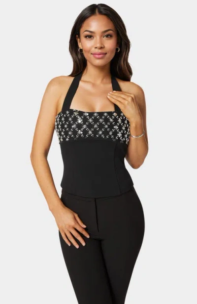 Bebe Halter Neck Bead Sequin Top In Black
