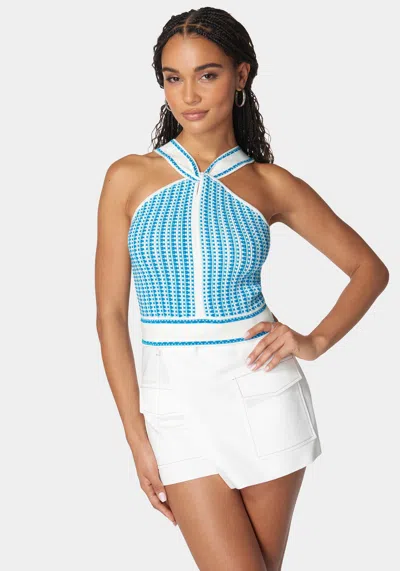 Bebe Halter Sweater Top In White Alyssum,blue Multi