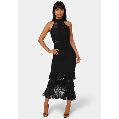 Bebe Halter Tiered Lace Midi Dress In Black