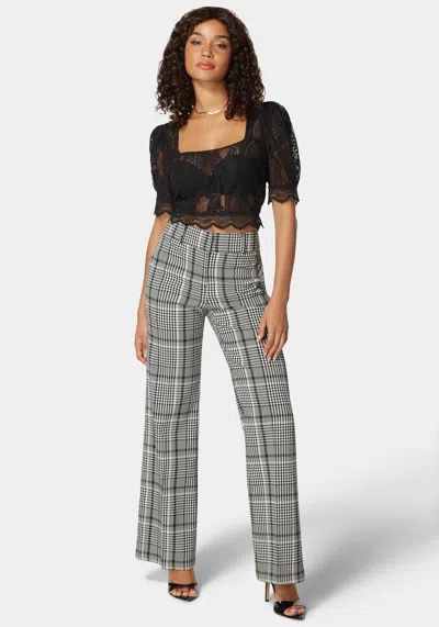 Bebe High Waist Belted Novelty Wide Leg Pant In Black,white Alyssum