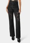 Bebe High Waist Embellished Lace Wide Leg Jeans In Wash Out Black Wash,black