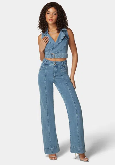 Bebe High Waist Seam Detail Ultra Wide Leg Jeans In Medium Blue Wash