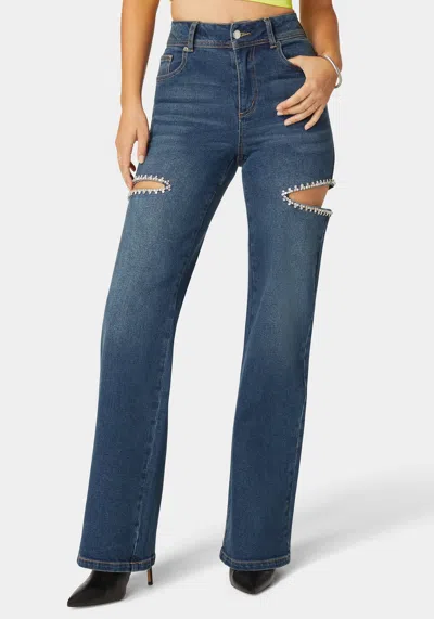 Bebe High Waist Studded Cut Out Wide Leg Jean In Dark Indigo Wash