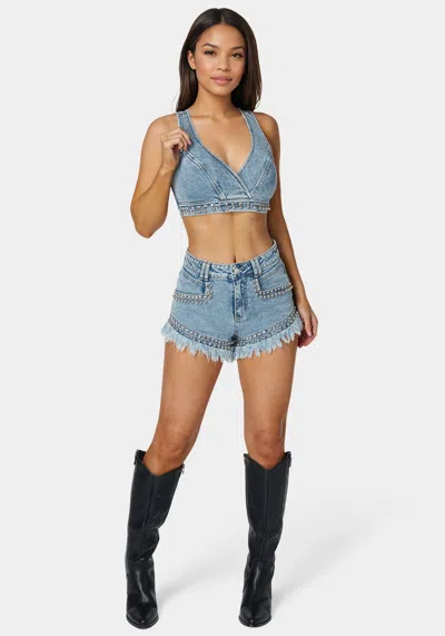 Bebe High Waist Studded Denim Short In Silver Lake Wash