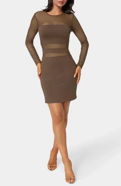 Bebe Illusion Mesh Mini Dress In Brown
