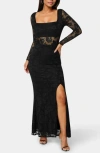 Bebe Illusion Panel Long Sleeve Lace Maxi Dress In Black