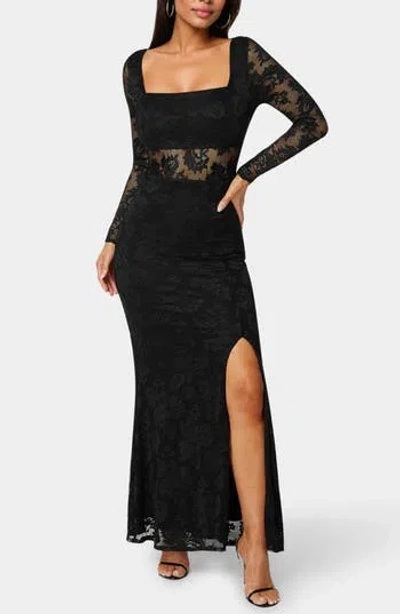 Bebe Illusion Panel Long Sleeve Lace Maxi Dress In Black