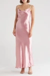 Bebe Hammered Satin Cowl Neck Pearl Strap Maxi Dress In Rose