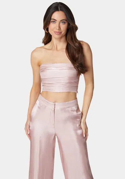 Bebe Iridescent Satin Bandeau Top In Rose Champagne