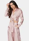 Bebe Iridescent Satin Tie Front Collared Blouse In Rose Champagne