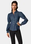 Bebe Jewel Detail Smoked Denim Blouse In Dark Blue Wash