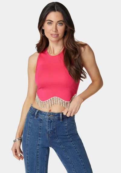 Bebe Jewel Fringe Sleeveless Knit Top In Cabaret