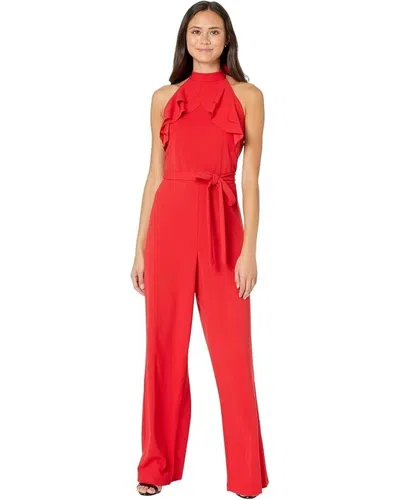 Bebe Jumpsuit Women's Red Tie-waist Ruffle Halter Neck Sleeveless Jdm1225