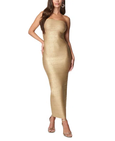 Bebe Bandage Strapless Foil Maxi Dress In Gold