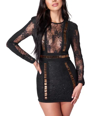 Bebe Juniors' Sequined Lace Bodycon Dress In Black,gold