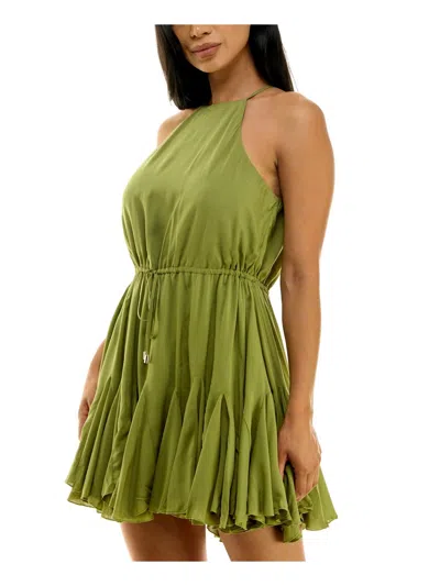 Bebe Juniors Womens Drawstring Hem Crinkled Halter Dress In Green