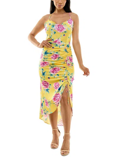 Bebe Juniors Womens Ruched Polyester Midi Dress In Yellow