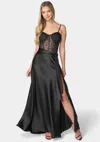 Bebe Lace And Satin Bustier Gown In Black