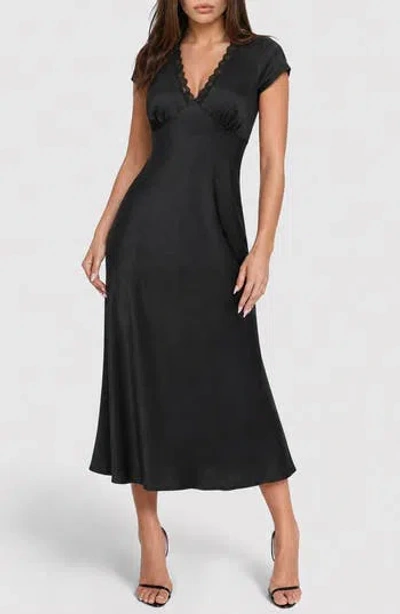 Bebe Crushed Satin Short Sleeve Maxi Dress In Black