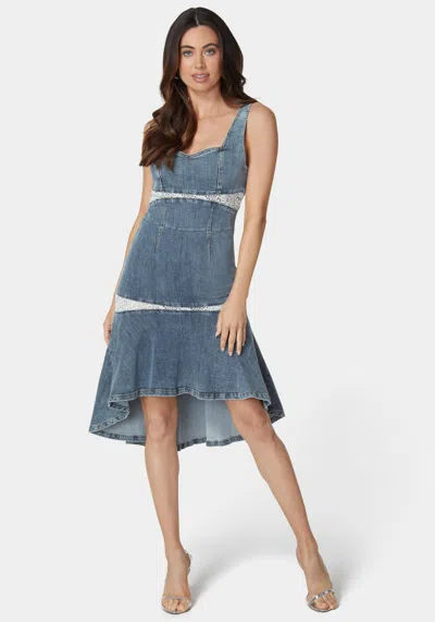 Bebe Lace Insert High Low Denim Dress In River Blue Wash