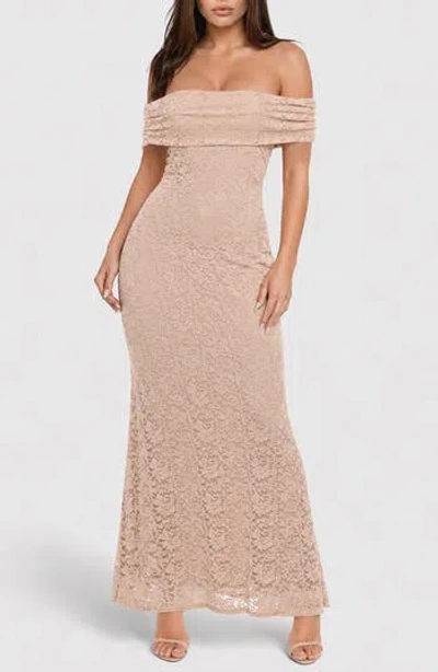 Bebe Lace Off The Shoulder Maxi Dress In Brown