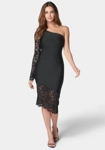 Bebe Lace One Shoulder Bandage Dress In Black