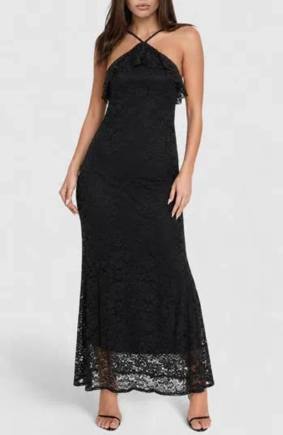 Bebe Lace Ruffle Halter Maxi Dress In Black